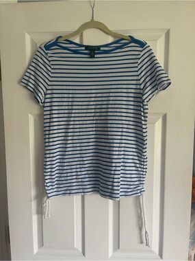 Lauren Ralph Lauren White and Blue Striped Boatneck Top ruched sides